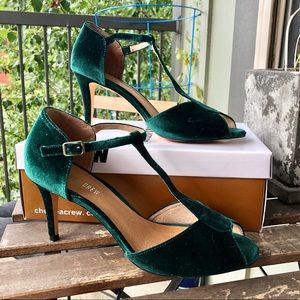 NWT Anthropologie Green Velvet T-Strap Heels